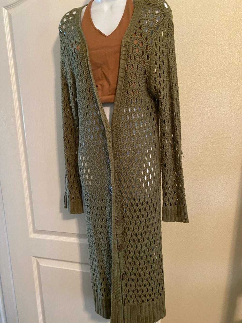 Long Olive Open-Knit Button-Front Cardigan